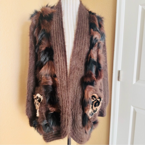 Angora Cardigan Vintage Fur Trimmed chocolate brown Made in Korea Size 2X - Picture 1 of 12